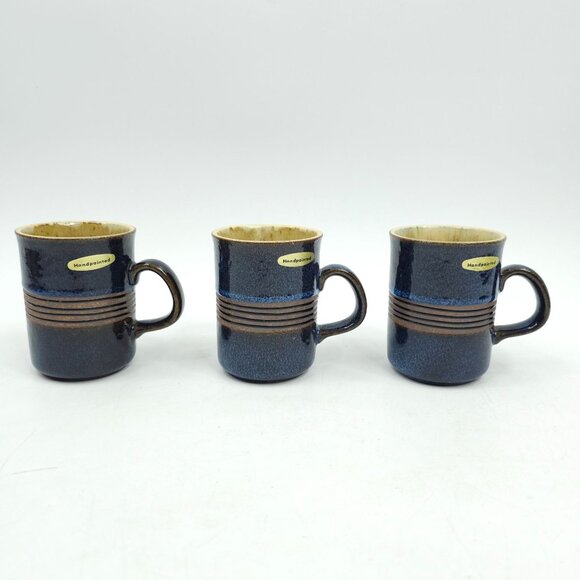 Otagiri Mugs Lot of 3 Blue Brown 9 oz Handpainted Hand Crafted Stoneware Stripe - Picture 10 of 14